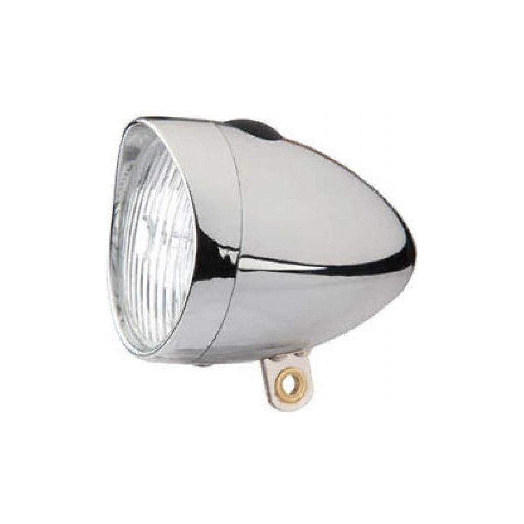 Edge Retro 3-LED koplamp in chroom afwerking met batterijen, stevige en stijlvolle fietsverlichting voor veilig rijden.