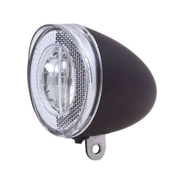 Zwarte Spanninga Swingo Xb LED koplamp met reflector en batterijen, geschikt voor fietsverlichting, duidelijk zichtbaar in de afbeelding
