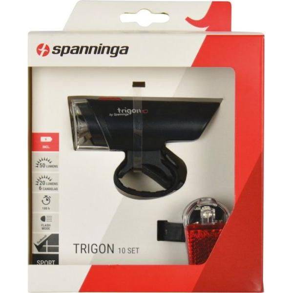 Verlichtingset Spanninga Trigon 10 XB en Pyro XB met voor- en achterlichten, zwart ontwerp, voor fietsverlichting.