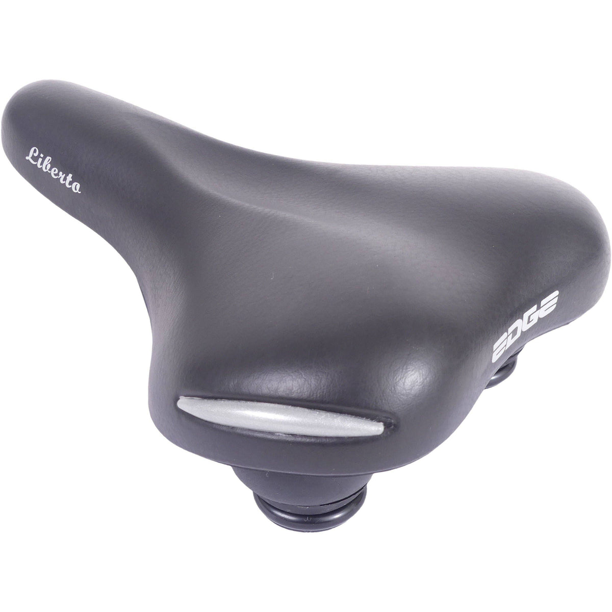 Zwart Edge Liberto fietszadel voor stads- en tourfietsen, comfortabel en geschikt voor e-bikes, zichtbaar op de afbeelding.