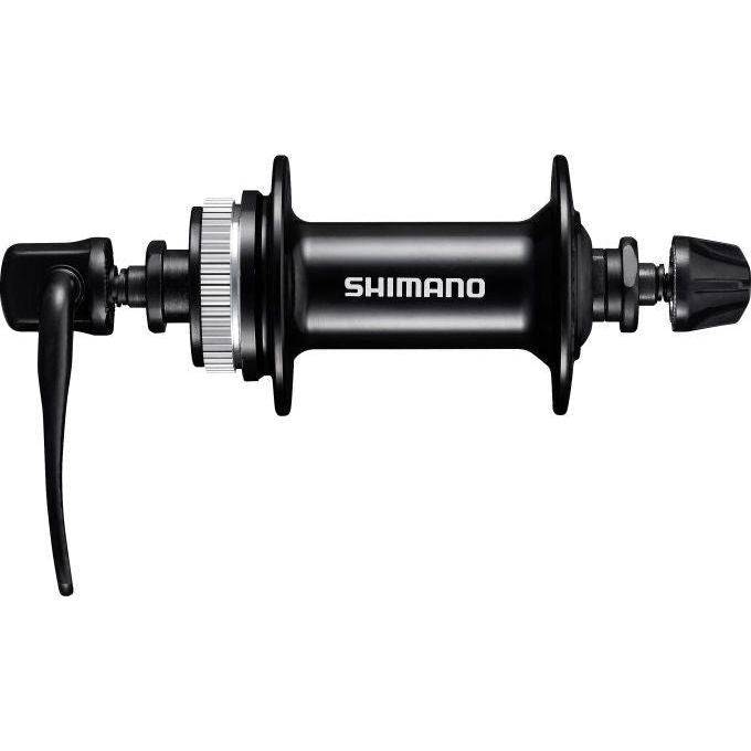 Shimano Fh-Mt200-B voornaaf met 36 versnellingen en Center Lock, zwart, zichtbaar op de afbeelding.