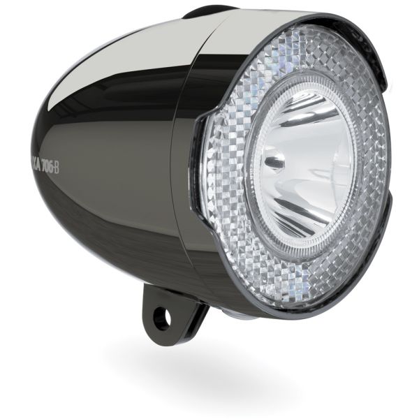 Axa koplamp 706 met 15 Lux in donker chromen afwerking, zichtbaar op een witte achtergrond.