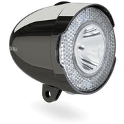 Axa koplamp 706 met 15 Lux in donker chromen afwerking, zichtbaar op een witte achtergrond.