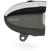 Axa Koplamp 706 met 15 Lux in donker chromen afwerking, stevige koplamp voor fiets of motor, zichtbaar op de afbeelding.