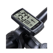 Sigma EOX View 1300 fietscomputer voor e-bike, draadloos en zwart, toont snelheids- en ritgegevens in een compact ontwerp