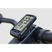 Sigma EOX View 1300 fietscomputer voor e-bike, draadloos, zwart, met scherm en bedieningsknoppen.