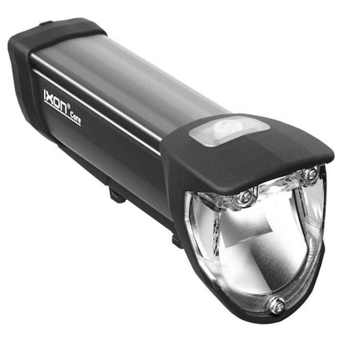 Zwarte Busch & Müller Ixon Core koplamp met 50 Lux lichtopbrengst, zichtbaar in de afbeelding.