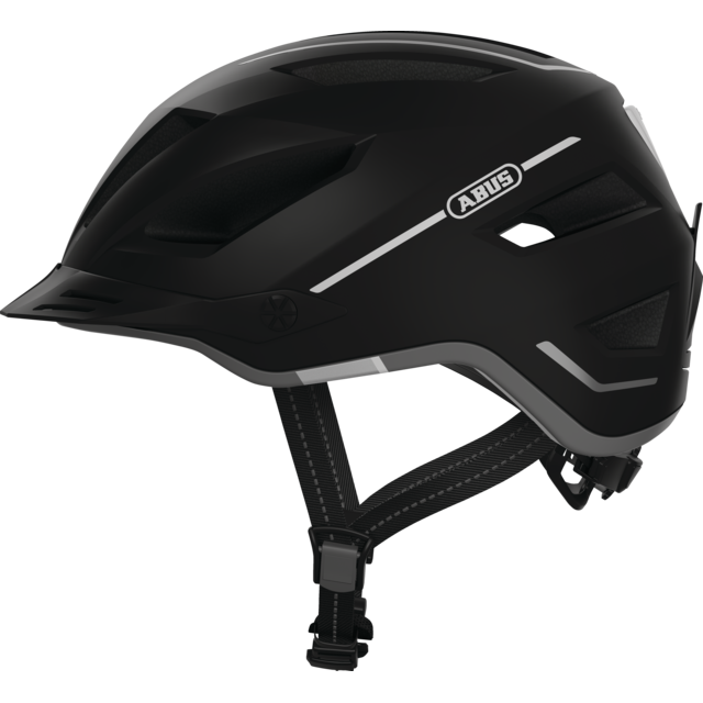Abus Pedelec 2.0 Velvet Black speed pedelec helm met geïntegreerde regenkap, zijaanzicht, veilig en stijlvol fietsaccessoire