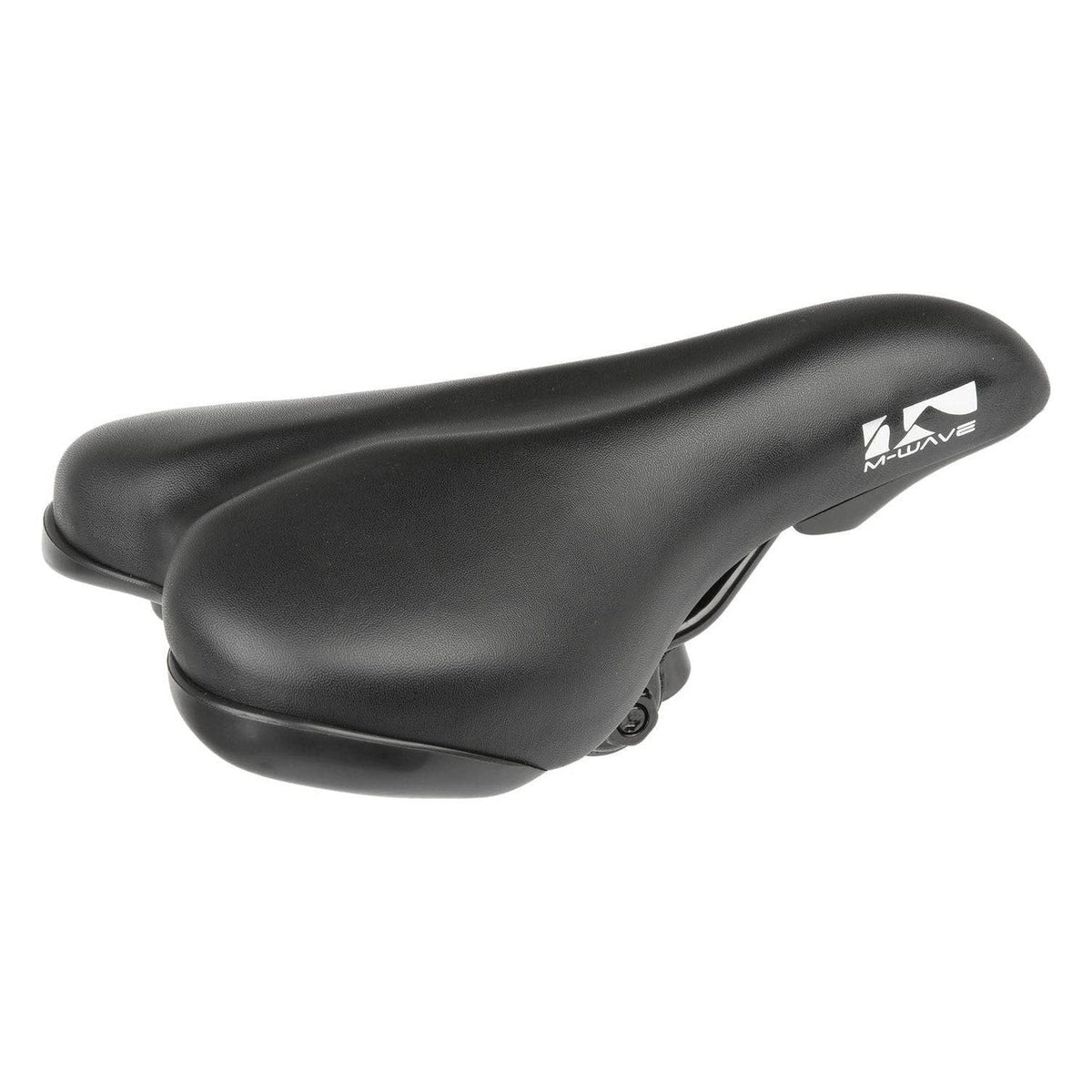 Zwart M-Wave kinderfiets zadel Teen Two met comfortabele, ergonomische vorm voor jonge fietsers, zichtbaar op de afbeelding.