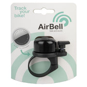 Zwarte M-Wave Airbell fietsbel met Airtag houder, geschikt voor Ø31.8 mm stuur, zichtbaar met compact ontwerp en bedieningsknoppen.