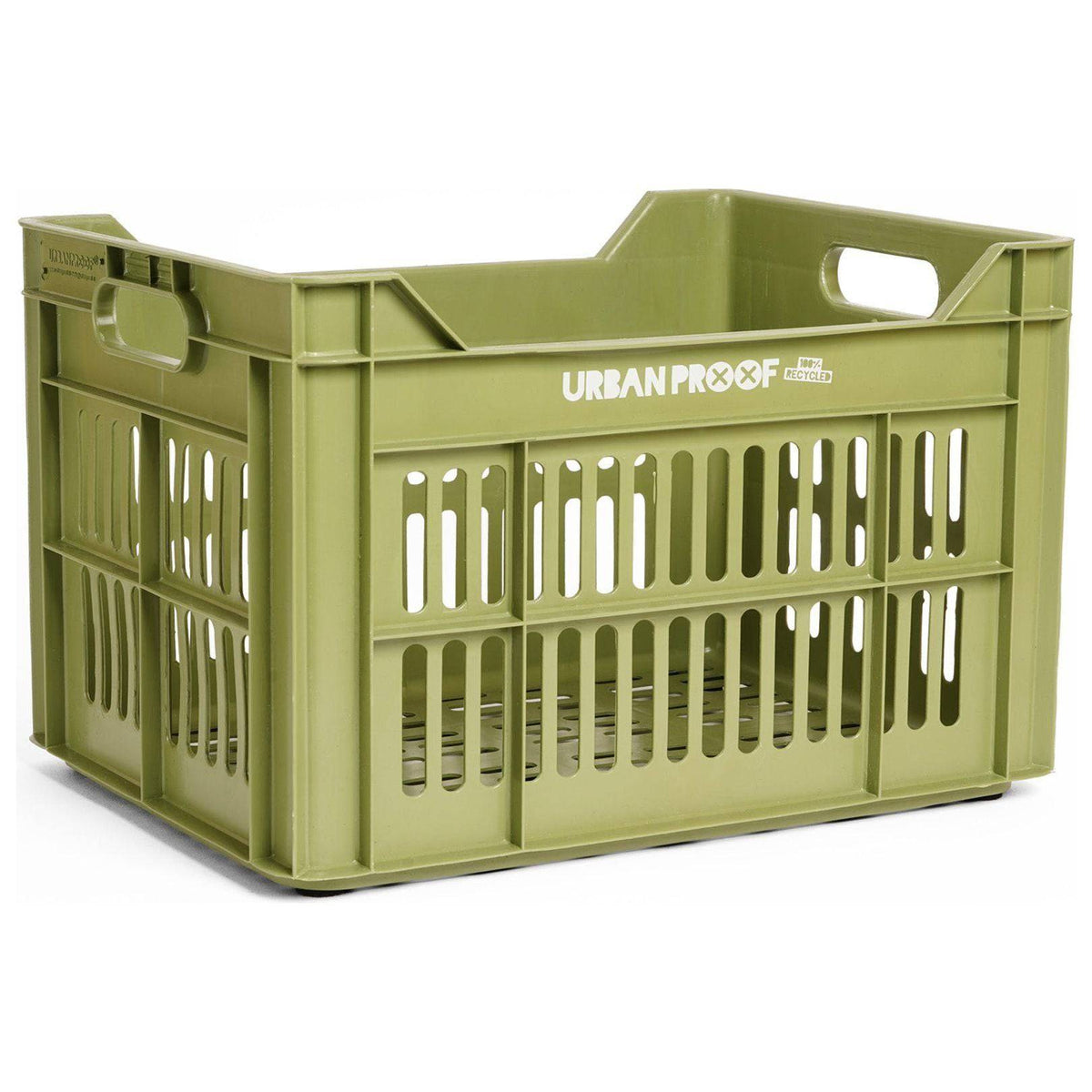 Urban Proof fietskrat van 30 liter, gemaakt van gerecycled kunststof, voor fietsaccessoires of bagage, in natuurlijke kleuren.