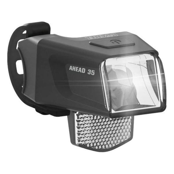 Busch & Müller koplamp LED "Ahead 35" in zwart, duidelijke close-up van de frontkant en lichtunit.