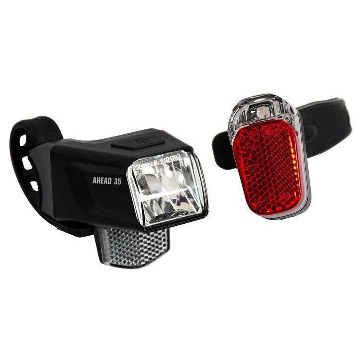 Zwarte Büchel "Ahead 35" LED koplamp en Z-Fire Micro verlichtingsset voor fiets, heldere verlichting en duurzame bouwkwaliteit.