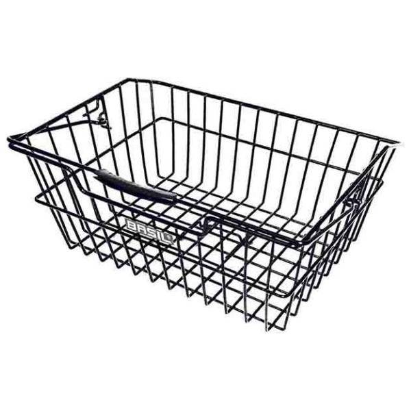 Zwarte Basil Cairo Luxe fietsmand met afmetingen 41x32x17 cm en dragerbevestiging, geschikt voor fietsen.