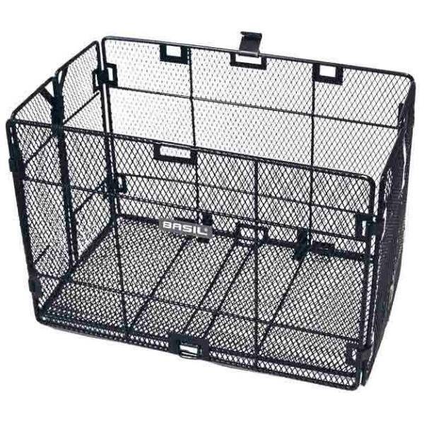 Zwarte Basil Catania fietsmand van 33x23x20 cm, opvouwbaar en stevig, geschikt voor fietsaccessoires en boodschappen.
