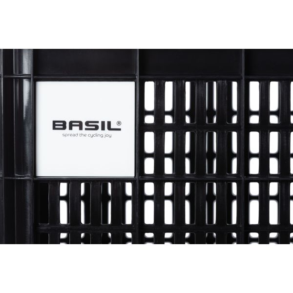 Basil L 40 liter fietskrat van gerecycled kunststof, geschikt voor fietsen, met stevige constructie en handvatten voor transport
