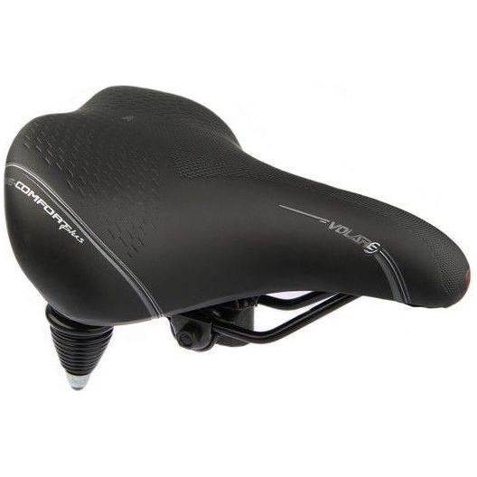 Zwart Selle Bassano Volare XXL cruiser fietszadel op een stadsfiets of e-bike, comfortabel en breed voor dagelijks gebruik.