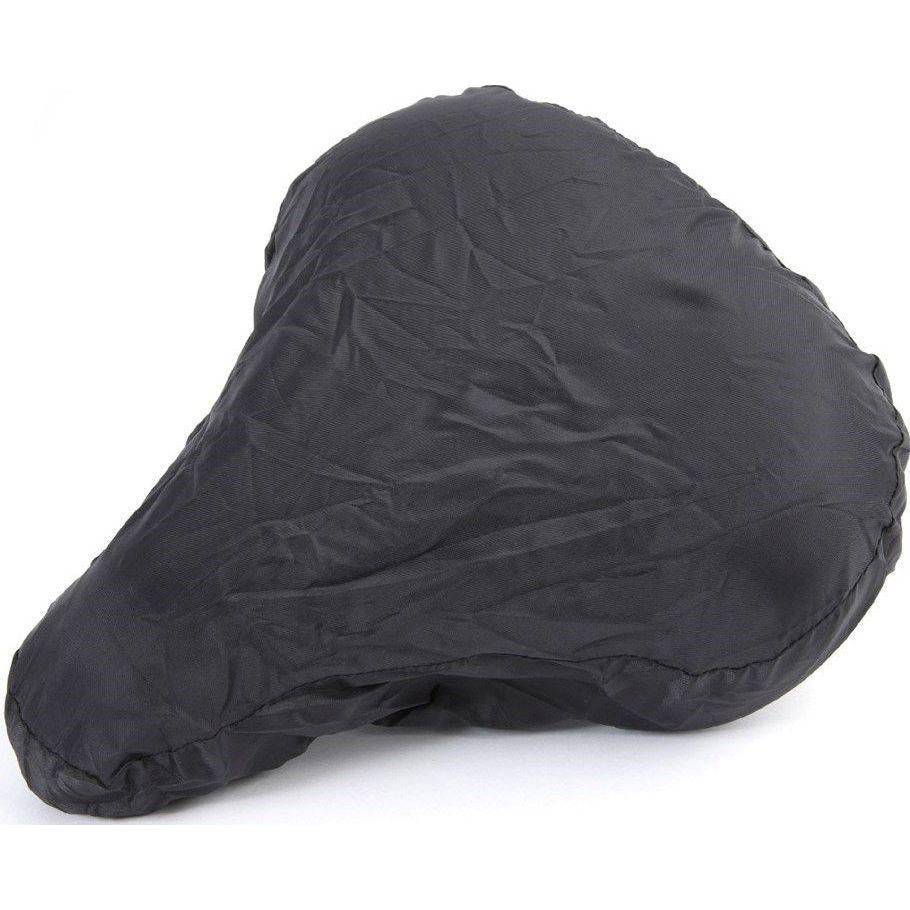 Zwart nylon zadeldek van Mirage met beschermhoes, geschikt voor comfortabele en duurzame fietsritten.