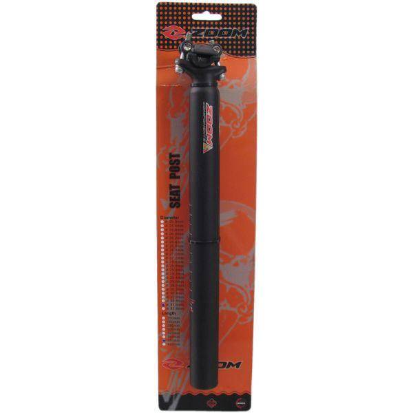 Zwarte Zoom ATB zadelpen van aluminium, Ø31,6 mm en 350 mm lang, ligt op een fietsframe.