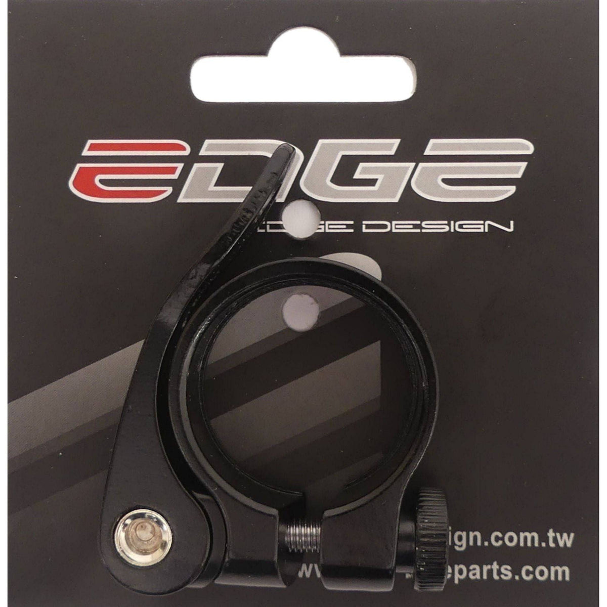 Zwarte Edge zadelpenklem Ø31,8 mm van aluminium met snelspanner, geschikt voor fiets zadelpennen.