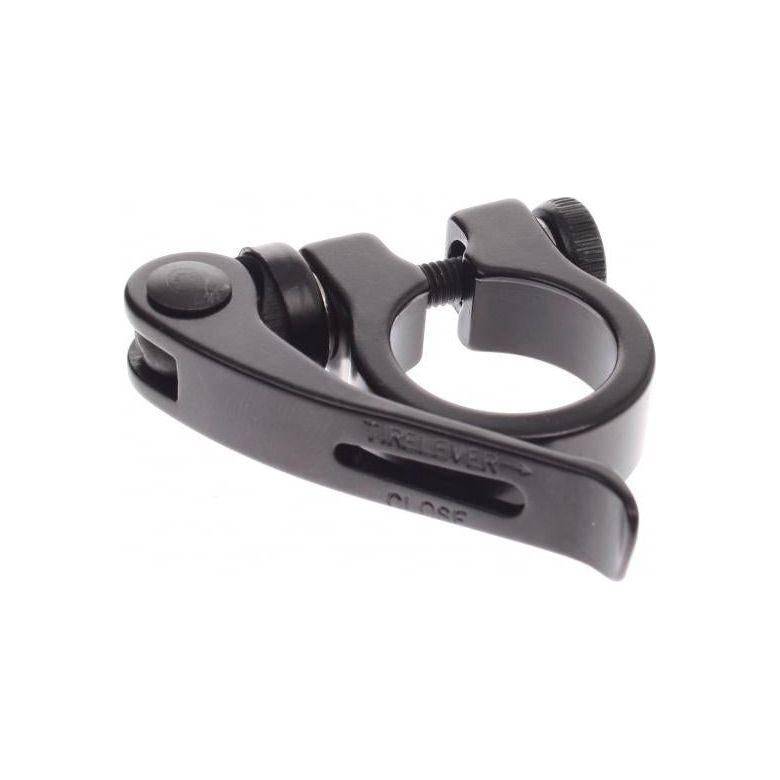 Zwart Ergotec Zadelpenklem SCQ-050 Ø34,9 mm met snelspanner, stevig en geschikt voor fietsen, zichtbaar op de afbeelding.