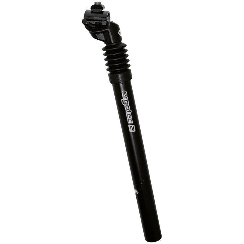 Zwart verende Ergotec zadelpen Ø31,6 mm en 350 mm lang voor fiets, zichtbaar in close-up met bevestigingsrand.