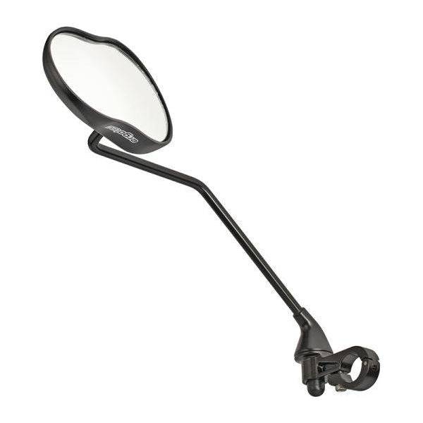 Zwarte Ergotec M-99Lv fietsspiegel voor rechtermontage, 122 x 78-66 mm, zichtbaar met montage en spiegeloppervlak.