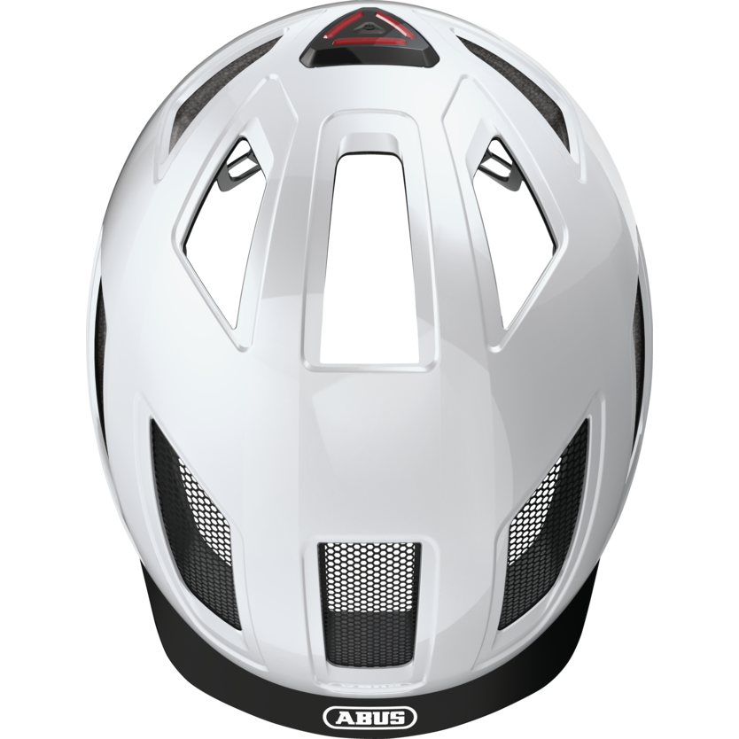 Abus Hyban 2.0 E-bike helm in polar wit met geïntegreerd LED-achterlicht en ventilerend ontwerp voor veilig fietsen