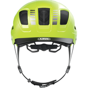 Abus Hyban 2.0 e-bike fietshelm met signaalyellow kleur en geïntegreerd LED-achterlicht, voor extra zichtbaarheid en veiligheid.