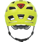 Abus Hyban 2.0 E-bike fietshelm met geel signaal en ingebouwd led-achterlicht, veilig en opvallend voor fietsers.