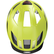 Abus Hyban 2.0 e-bike fietshelm in geel met geïntegreerd led-achterlicht en ventilatieopeningen, geschikt voor veilig fietsen