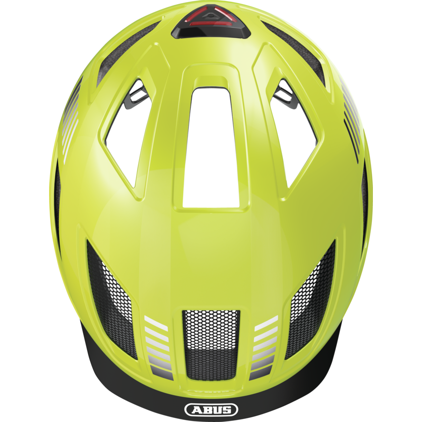 Abus Hyban 2.0 e-bike fietshelm in geel met geïntegreerd led-achterlicht en ventilatieopeningen, geschikt voor veilig fietsen