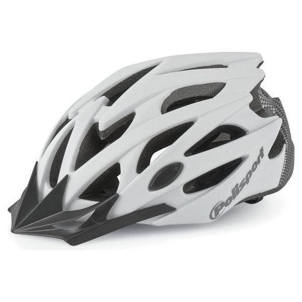 Polisport Twig witte en matzwarte aerodynamische fietshelm met carbon accenten, geschikt voor wielrenners en mountainbikers.