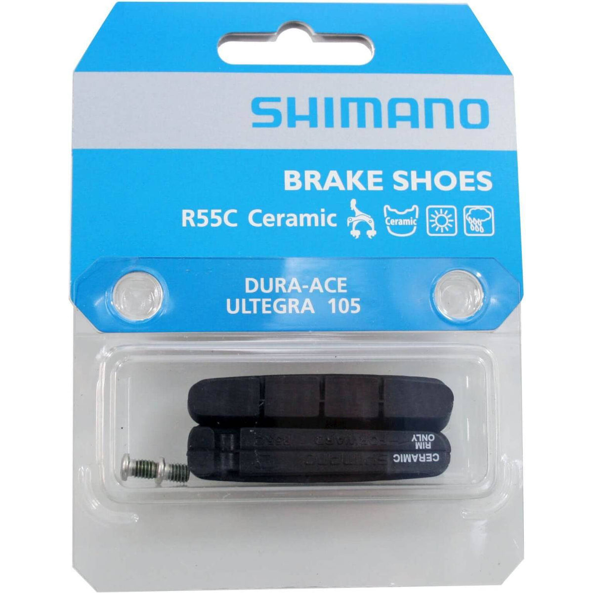 Shimano R55C keramische remblokrubber race voor racefietsen, zichtbaar met zwarte remblokken en bevestigingsonderdelen