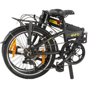 Zwarte Dahon Hit D6 vouwfiets met 20 inch wielen en 6 versnellingen, V-brakes, compact en ideaal voor stadsgebruik.
