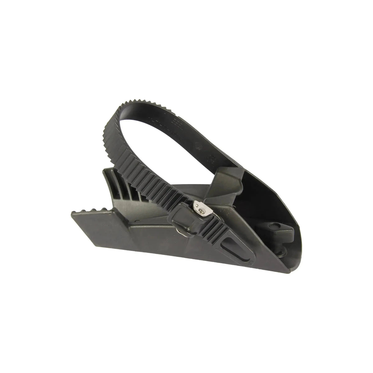 Pro-User wielgoot Diamant SG2/3 met spanband links, stevige wielstopper voor veilige bevestiging, zwart kunststof product.