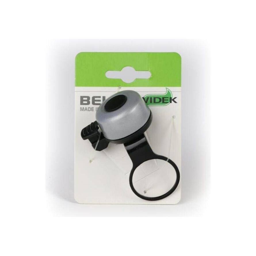 Zilveren Widek Decibel fietbel Ahead aluminium Ø40 mm met geluidsspeakers op een fiets, voor duidelijke waarschuwingen.