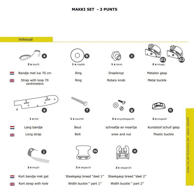 Melia baby/peuter schaal beugelset 3-delige voor Gazelle Makki bakfiets, fietskaraccessoires, zwart kunststof en metalen onderdelen