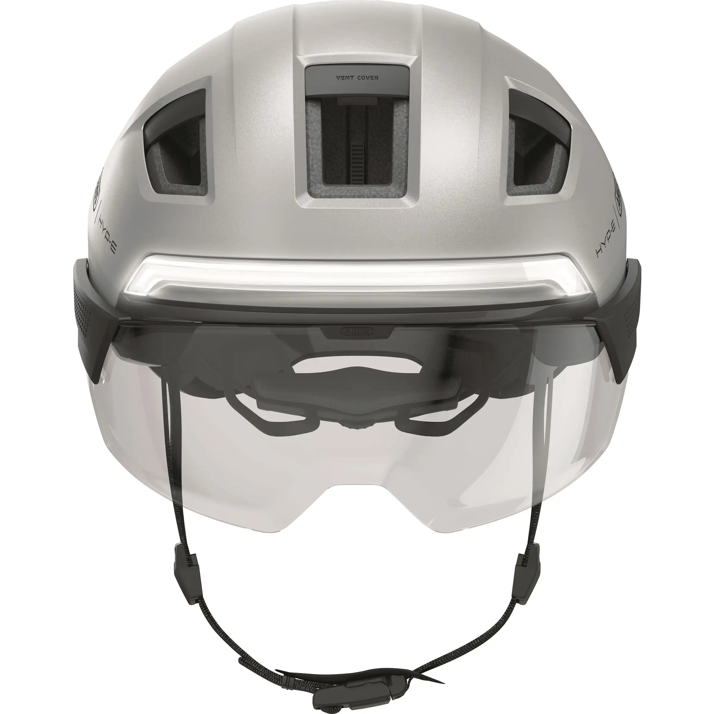 Abus Hyp-E Ace slimme speed pedelec fietshelm met geïntegreerde verlichting en aerodynamisch ontwerp, close-up van de helm.