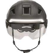Abus Hyp-E Ace Speed Pedelec helm met geïntegreerde verlichting, wit met zwarte details, zichtbaar van voren op een fiets.