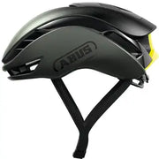 Abus Gamechanger 2.0 racefiets helm met aerodynamisch Blade ontwerp en ventilatieopeningen, zwart met blauwe accenten.