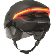 Abus Hyp-E Blace speed pedelec fietshelm met geïntegreerde verlichting, veiligheidsvoorzieningen en aerodynamisch ontwerp.