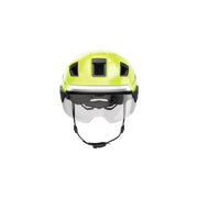 Abus Hyp-E Bl.ace speed pedelec helm met geïntegreerde verlichting en aerodynamisch ontwerp, zichtbare ventilatieopeningen.