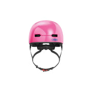 Abus Skurb kinderfietshelm in skaterstijl, in-mold construct, roze en paarse kleuren, geschikt voor jonge skaters.