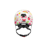 Roze Abus Skurb kinderfietshelm in-mold met skaterstijl en verstelbare straps voor veilig en comfortabel dragen.