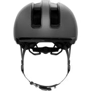 Abus Hud-Y urban e-bike helm met magnetisch USB-achterlicht en ventilatieopeningen, zwart met reflecterende details.