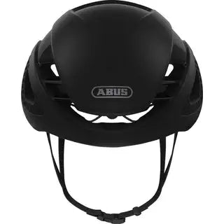 Abus Gamechanger fietshelm met aerodynamisch ontwerp en ventilatieopeningen, zwart met blauwe accenten, geschikt voor racefietsen