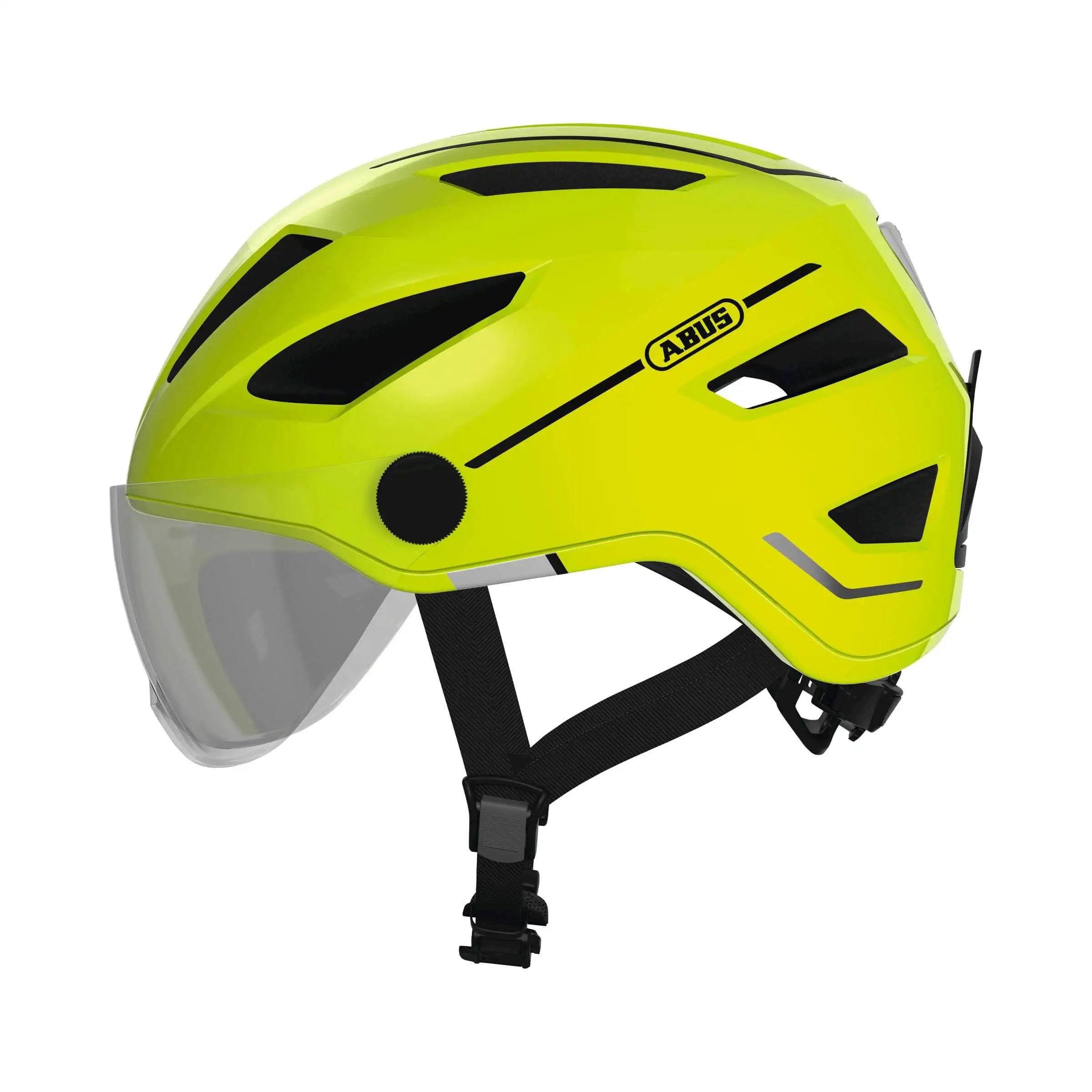 Abus Speed Pedelec helm met regenkap en oplaadbare lamp, lichte fietshandschoenen en reflecterende details, geschikt voor elektrische fietsen