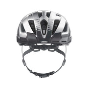 Abus Urban-I 3.0 E-bike helm voor stadsverkeer met ventilatiegaten en verstelbare riem, in zwart en grijs.