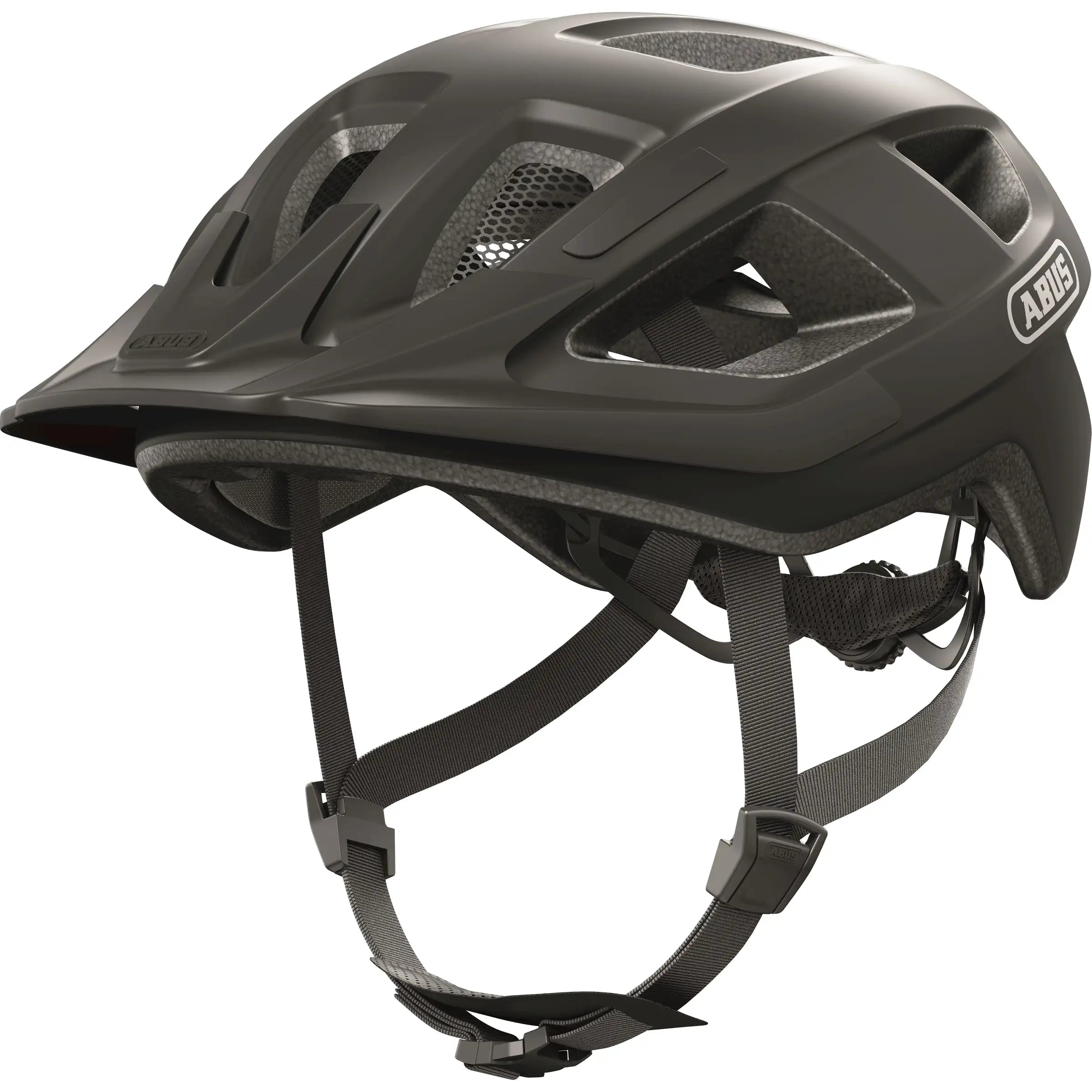 Abus E-Bike helm Aduro 3.0 met ventilatiegaten en verstelbare riem, ontworpen voor comfortabel fietsen op een e-bike.